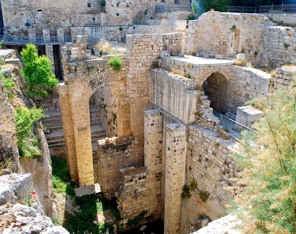 The ancient Pool of Bethesda ruins in Jerusalem with guides Daniel and Steven Rona.