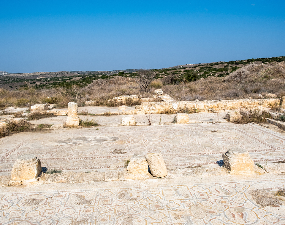 Ancient mosaic floors and ruins of the Khirbet Beit Lei basilica with Daniel & Steven Rona.