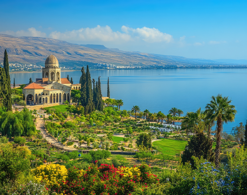 View from the Mount of Beatitudes of the Sea of Galilee with Daniel Rona and steven rona the only LDS licensed guide in Israel.