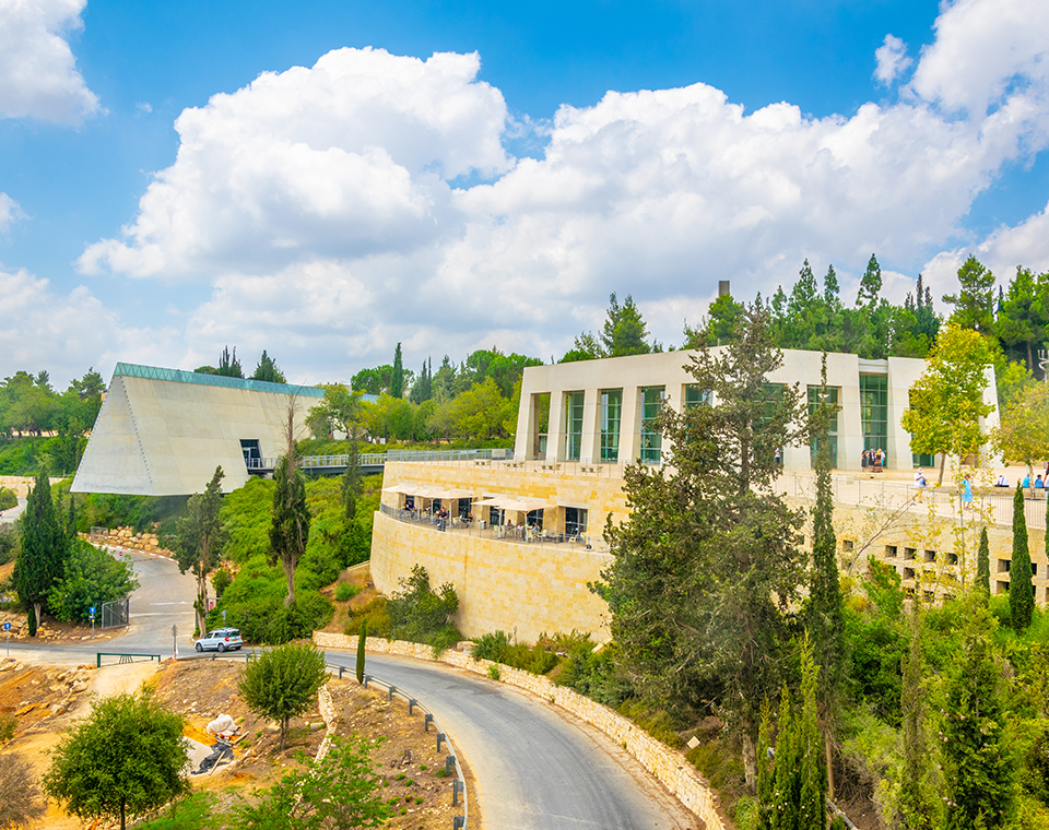 The architecture of Yad Vashem Holocaust Remembrance Center in Jerusalem with guides Daniel and Steven Rona.